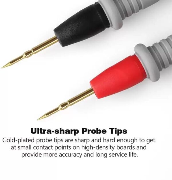 Versatile: This set includes a multimeter probe and a pair of test leads with banana plugs, suitable for various electronic testing needs. Durable Construction: The probes and leads are built with high-quality materials, ensuring long-lasting performance and reliability. Safe Operation: The insulated probes and leads provide protection against accidental shocks during electrical measurements. Convenient Accessories: These test leads and probes are essential accessories for digital multimeters, clamp meters, and other testing equipment.