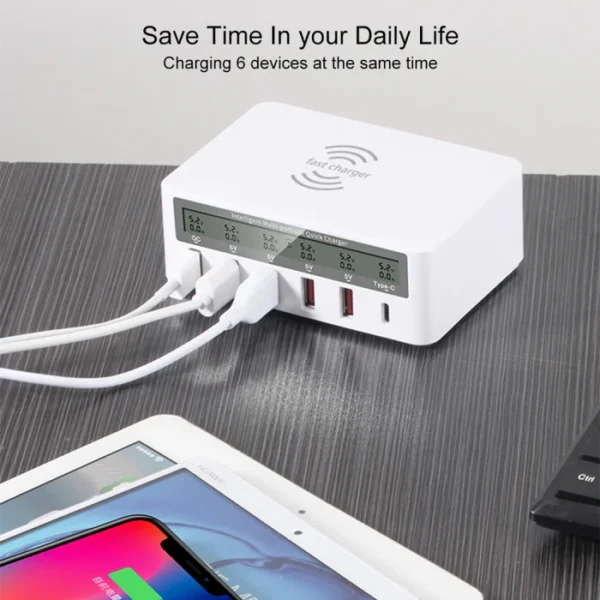 WLX-818F 6 in 1 10W QC3.0 Wireless Charging + USB-C / Type-C + 4 USB