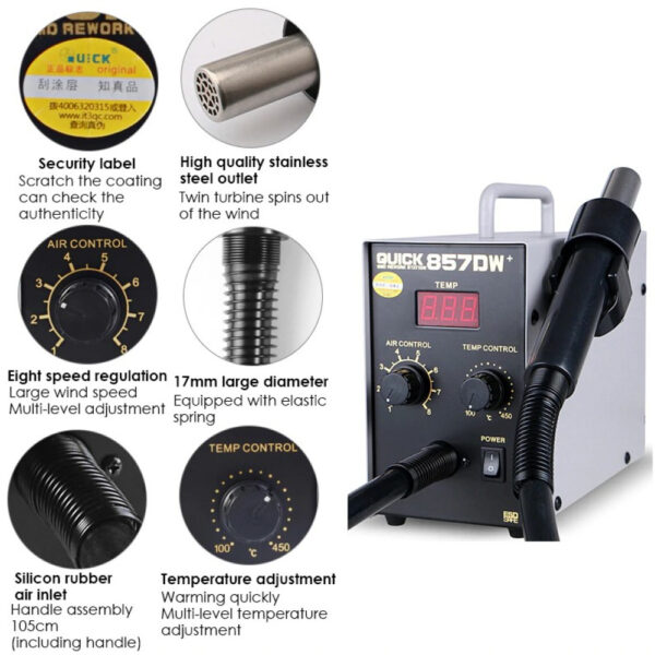 QUICK 857DW+ Lead Free Adjustable Hot Air Heat Gun With Helical Wind 580W SMD Rework Station