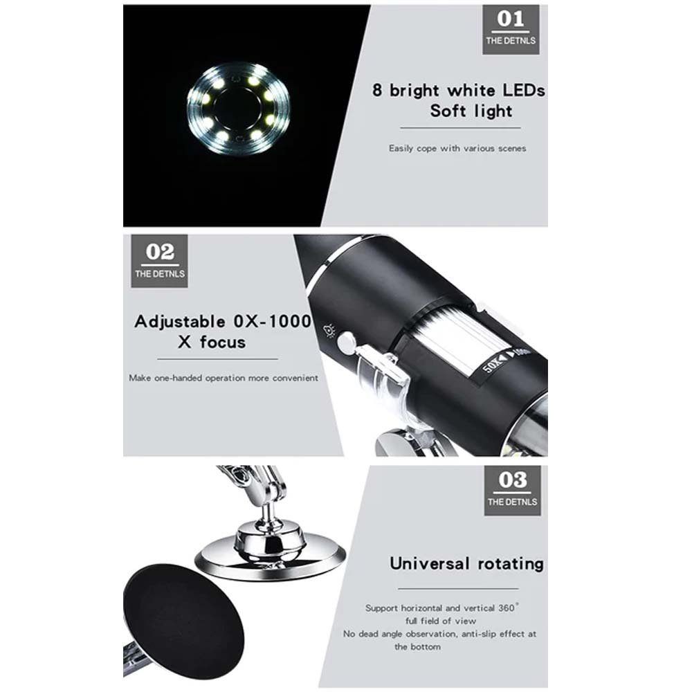 3in1 1000X 8LED USB Microscope Camera Endoscope with stand - Image 4